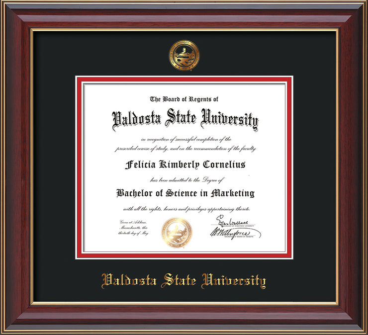 Image of Valdosta State University Diploma Frame - Cherry Lacquer - w/Embossed Seal & Name - Black on Red mats