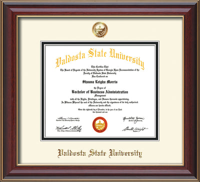 Image of Valdosta State University Diploma Frame - Cherry Lacquer - w/Copper Embossed Seal & Name - Off-White on Black mats