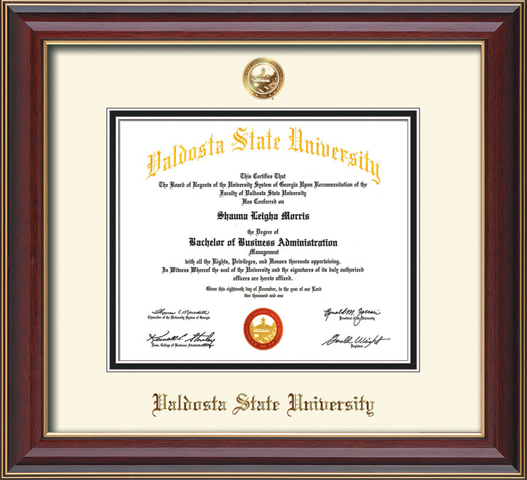 Image of Valdosta State University Diploma Frame - Cherry Lacquer - w/Copper Embossed Seal & Name - Off-White on Black mats