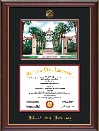 Image of Valdosta State University Diploma Frame - Cherry Lacquer - w/Embossed Seal & Name - Watercolor - Black on Red mats