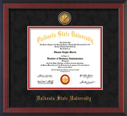 Image of Valdosta State University Diploma Frame - Cherry Reverse - w/24k Gold-Plated Medallion VSU Name Embossing - Black Suede on Red mats
