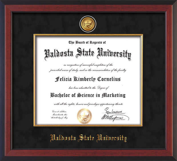 Image of Valdosta State University Diploma Frame - Cherry Reverse - w/24k Gold-Plated Medallion & Fillet - w/VSU Name Embossing - Black Suede mat