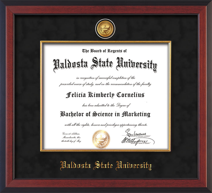 Image of Valdosta State University Diploma Frame - Cherry Reverse - w/24k Gold-Plated Medallion & Fillet - w/VSU Name Embossing - Black Suede mat
