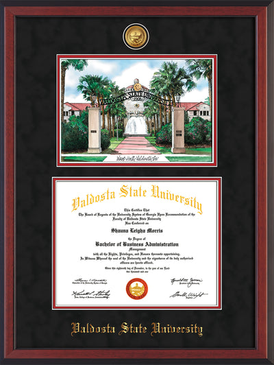 Image of Valdosta State University Diploma Frame - Cherry Reverse - w/24k Gold-Plated Medallion & Embossed School Name - Watercolor - Black Suede on Red mats