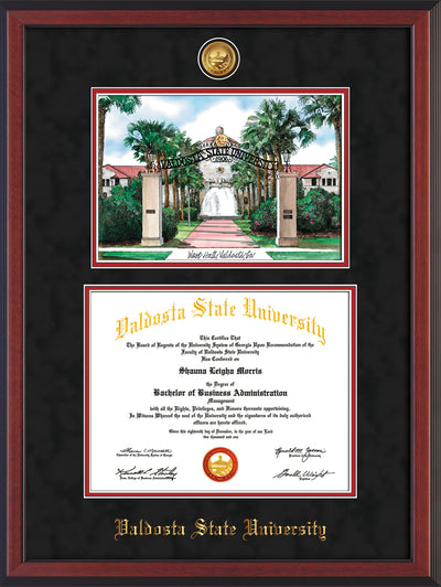 Image of Valdosta State University Diploma Frame - Cherry Reverse - w/24k Gold-Plated Medallion & Embossed School Name - Watercolor - Black Suede on Red mats