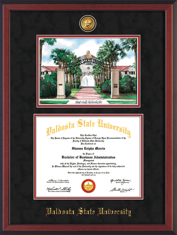 Image of Valdosta State University Diploma Frame - Cherry Reverse - w/24k Gold-Plated Medallion & Embossed School Name - Watercolor - Black Suede on Red mats