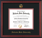 Image of Valdosta State University Diploma Frame - Cherry Reverse - w/Embossed Seal & Name - Black on Red mats