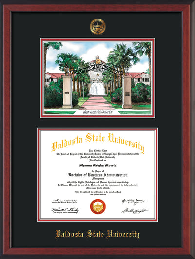 Image of Valdosta State University Diploma Frame - Cherry Reverse - w/Embossed Seal & Name - Watercolor - Black on Red mats