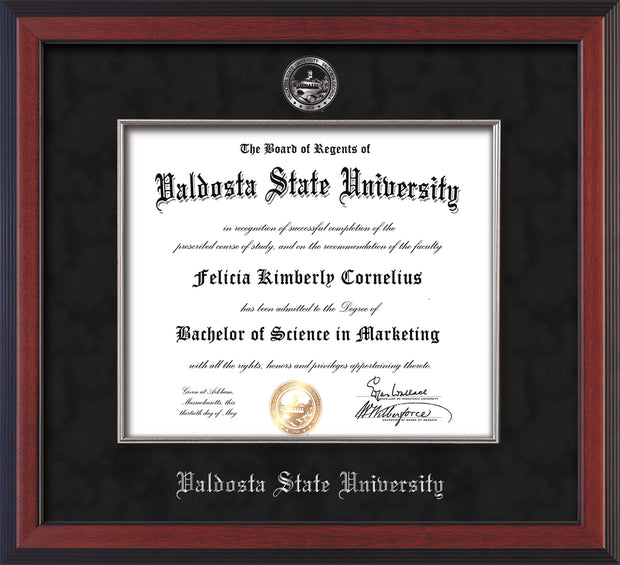 Image of Valdosta State University Diploma Frame - Cherry Reverse - w/Silver Embossed Seal & Name - Silver Fillet - Black Suede mat