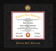 Image of Valdosta State University Diploma Frame - Flat Matte Black - w/24k Gold-Plated Medallion VSU Name Embossing - Black Suede on Red mats