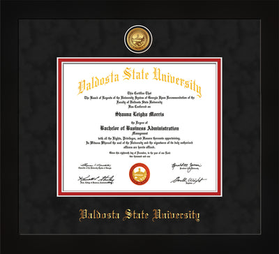 Image of Valdosta State University Diploma Frame - Flat Matte Black - w/24k Gold-Plated Medallion VSU Name Embossing - Black Suede on Red mats