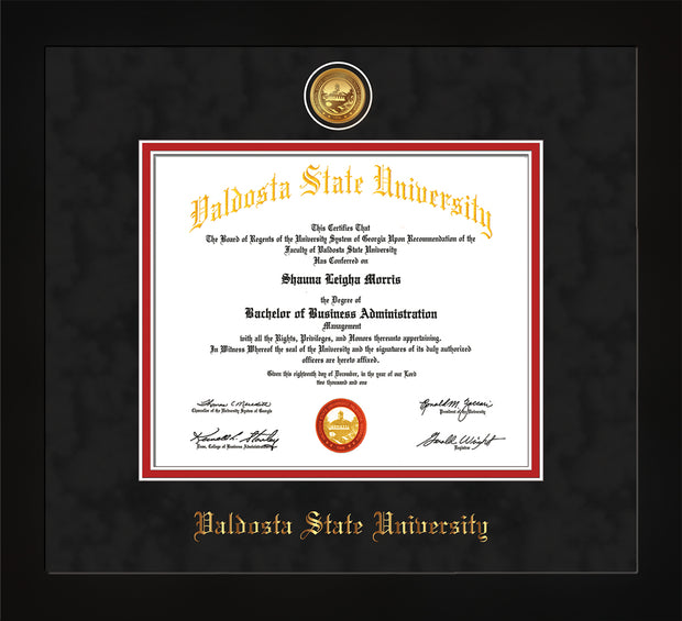 Image of Valdosta State University Diploma Frame - Flat Matte Black - w/24k Gold-Plated Medallion VSU Name Embossing - Black Suede on Red mats