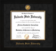 Image of Valdosta State University Diploma Frame - Flat Matte Black - w/24k Gold-Plated Medallion & Fillet - w/VSU Name Embossing - Black Suede mat
