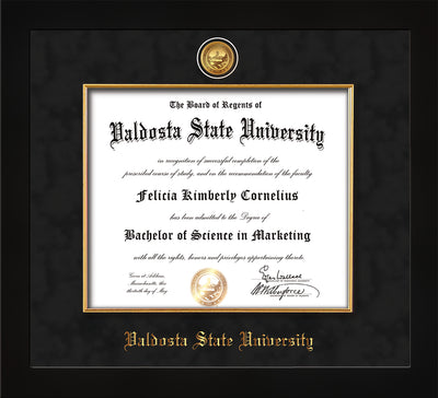 Image of Valdosta State University Diploma Frame - Flat Matte Black - w/24k Gold-Plated Medallion & Fillet - w/VSU Name Embossing - Black Suede mat