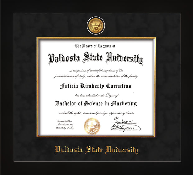 Image of Valdosta State University Diploma Frame - Flat Matte Black - w/24k Gold-Plated Medallion & Fillet - w/VSU Name Embossing - Black Suede mat