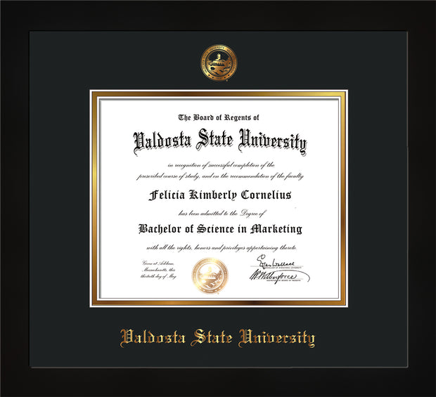 Image of Valdosta State University Diploma Frame - Flat Matte Black - w/Embossed Seal & Name - Black on Gold mats