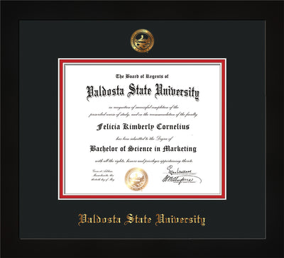 Image of Valdosta State University Diploma Frame - Flat Matte Black - w/Embossed Seal & Name - Black on Red mats