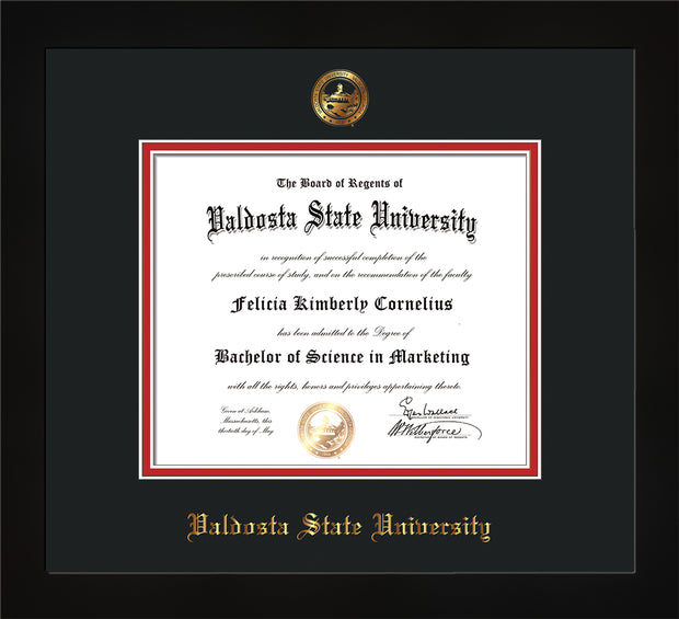 Image of Valdosta State University Diploma Frame - Flat Matte Black - w/Embossed Seal & Name - Black on Red mats