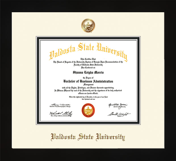 Image of Valdosta State University Diploma Frame - Flat Matte Black - w/Copper Embossed Seal & Name - Off-White on Black mats