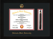 Image of Valdosta State University Diploma Frame - Flat Matte Black - w/Embossed Seal & Name - Tassel Holder - Black on Red mats