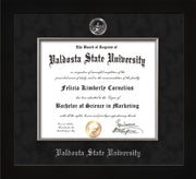 Image of Valdosta State University Diploma Frame - Flat Matte Black - w/Silver Embossed Seal & Name - Silver Fillet - Black Suede mat