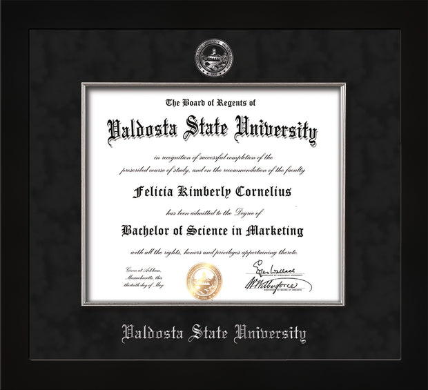 Image of Valdosta State University Diploma Frame - Flat Matte Black - w/Silver Embossed Seal & Name - Silver Fillet - Black Suede mat