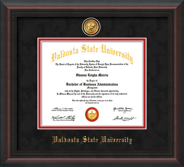 Image of Valdosta State University Diploma Frame - Mahogany Braid - w/24k Gold-Plated Medallion VSU Name Embossing - Black Suede on Red mats