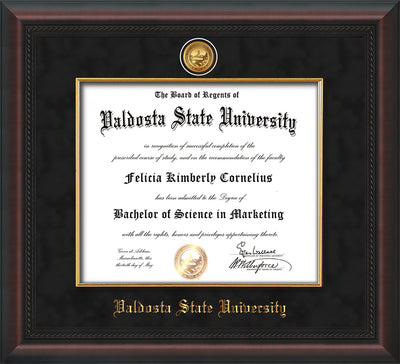 Image of Valdosta State University Diploma Frame - Mahogany Braid - w/24k Gold-Plated Medallion & Fillet - w/VSU Name Embossing - Black Suede mat