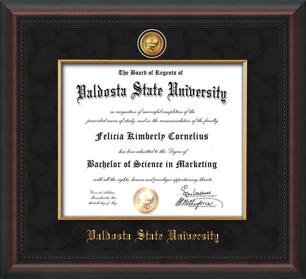 Image of Valdosta State University Diploma Frame - Mahogany Braid - w/24k Gold-Plated Medallion & Fillet - w/VSU Name Embossing - Black Suede mat