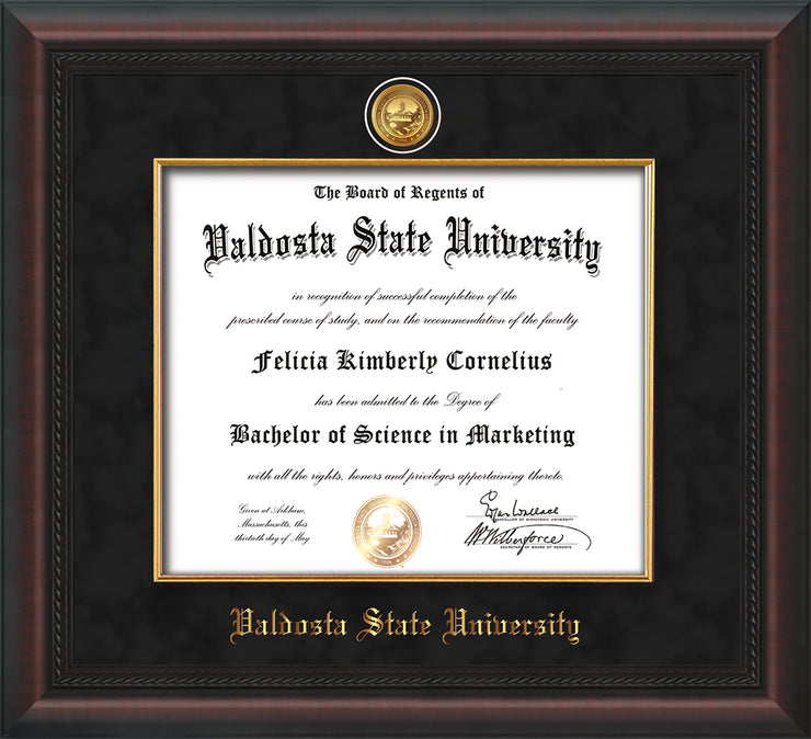 Image of Valdosta State University Diploma Frame - Mahogany Braid - w/24k Gold-Plated Medallion & Fillet - w/VSU Name Embossing - Black Suede mat