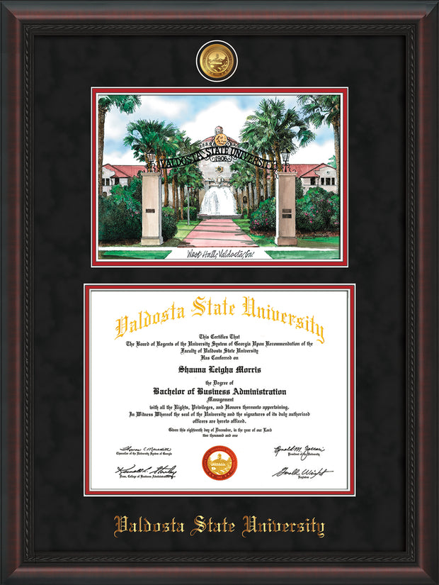 Image of Valdosta State University Diploma Frame - Mahogany Braid - w/24k Gold-Plated Medallion & Embossed School Name - Watercolor - Black Suede on Red mats