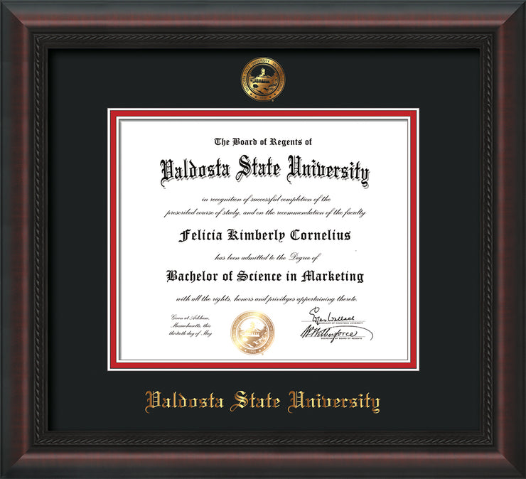Image of Valdosta State University Diploma Frame - Mahogany Braid - w/Embossed Seal & Name - Black on Red mats