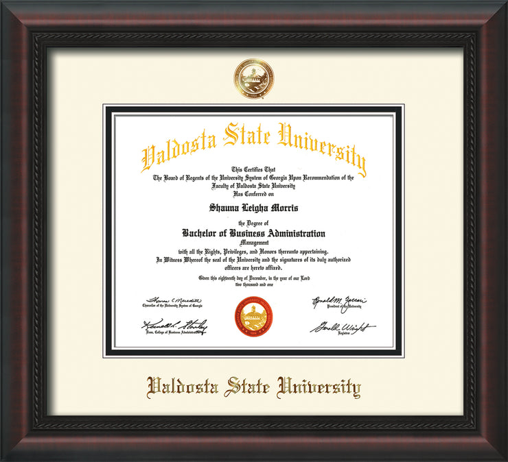 Image of Valdosta State University Diploma Frame - Mahogany Braid - w/Copper Embossed Seal & Name - Off-White on Black mats
