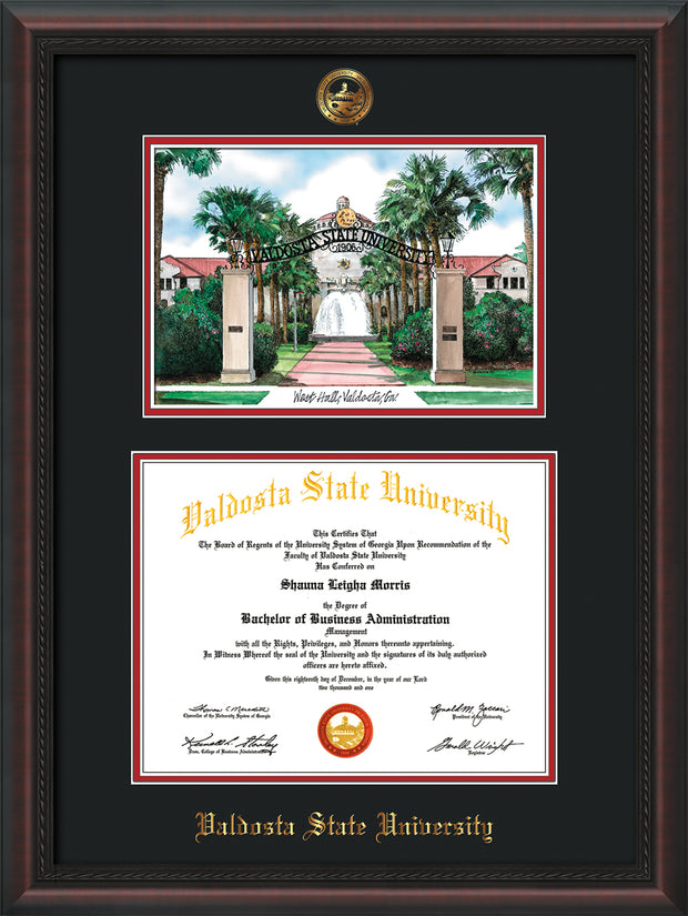 Image of Valdosta State University Diploma Frame - Mahogany Braid - w/Embossed Seal & Name - Watercolor - Black on Red mats