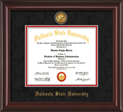 Image of Valdosta State University Diploma Frame - Mahogany Lacquer - w/24k Gold-Plated Medallion VSU Name Embossing - Black Suede on Red mats