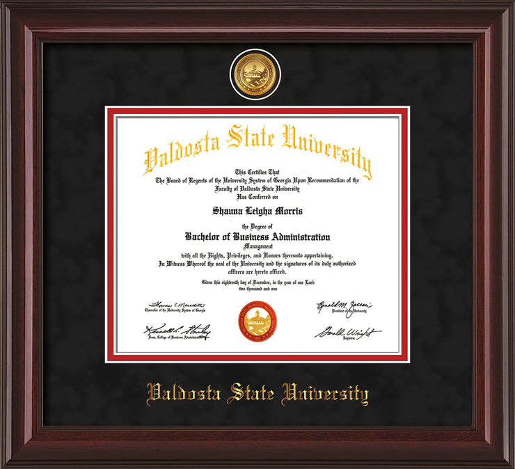 Image of Valdosta State University Diploma Frame - Mahogany Lacquer - w/24k Gold-Plated Medallion VSU Name Embossing - Black Suede on Red mats