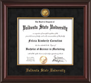Image of Valdosta State University Diploma Frame - Mahogany Lacquer - w/24k Gold-Plated Medallion & Fillet - w/VSU Name Embossing - Black Suede mat