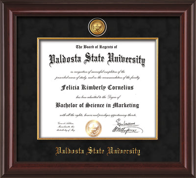 Image of Valdosta State University Diploma Frame - Mahogany Lacquer - w/24k Gold-Plated Medallion & Fillet - w/VSU Name Embossing - Black Suede mat