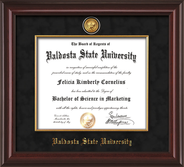 Image of Valdosta State University Diploma Frame - Mahogany Lacquer - w/24k Gold-Plated Medallion & Fillet - w/VSU Name Embossing - Black Suede mat