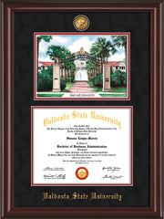 Image of Valdosta State University Diploma Frame - Mahogany Lacquer - w/24k Gold-Plated Medallion & Embossed School Name - Watercolor - Black Suede on Red mats