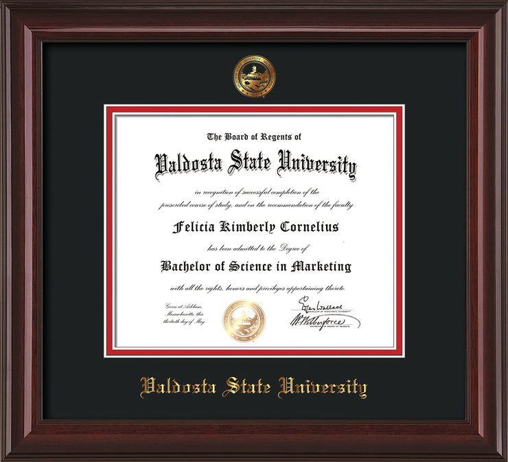 Image of Valdosta State University Diploma Frame - Mahogany Lacquer - w/Embossed Seal & Name - Black on Red mats