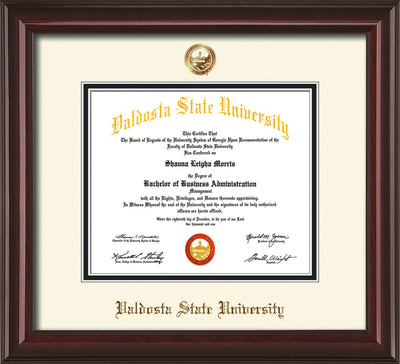 Image of Valdosta State University Diploma Frame - Mahogany Lacquer - w/Copper Embossed Seal & Name - Off-White on Black mats
