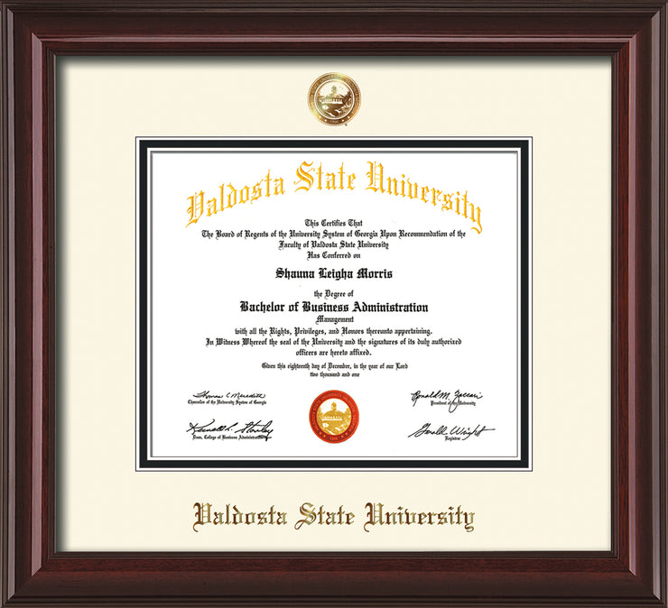 Image of Valdosta State University Diploma Frame - Mahogany Lacquer - w/Copper Embossed Seal & Name - Off-White on Black mats