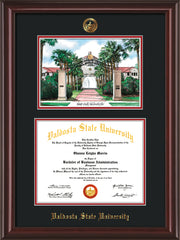 Image of Valdosta State University Diploma Frame - Mahogany Lacquer - w/Embossed Seal & Name - Watercolor - Black on Red mats