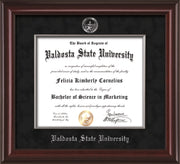 Image of Valdosta State University Diploma Frame - Mahogany Lacquer - w/Silver Embossed Seal & Name - Silver Fillet - Black Suede mat