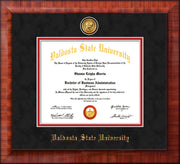 Image of Valdosta State University Diploma Frame - Mezzo Gloss - w/24k Gold-Plated Medallion VSU Name Embossing - Black Suede on Red mats