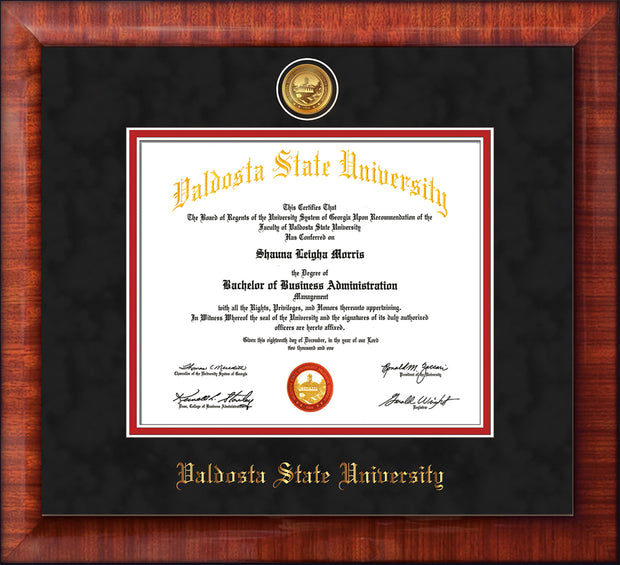 Image of Valdosta State University Diploma Frame - Mezzo Gloss - w/24k Gold-Plated Medallion VSU Name Embossing - Black Suede on Red mats