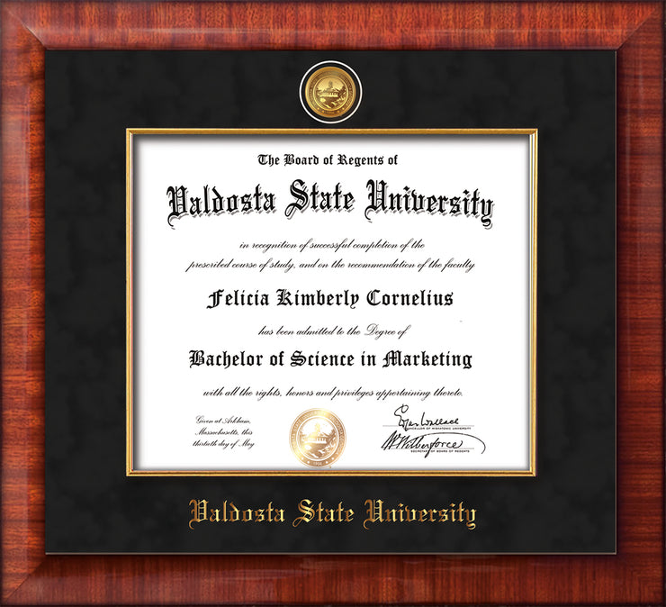 Image of Valdosta State University Diploma Frame - Mezzo Gloss - w/24k Gold-Plated Medallion & Fillet - w/VSU Name Embossing - Black Suede mat