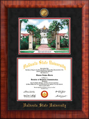 Image of Valdosta State University Diploma Frame - Mezzo Gloss - w/24k Gold-Plated Medallion & Embossed School - Watercolor - Black Suede on Red