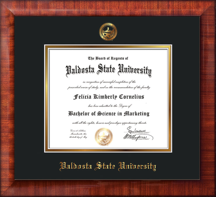 Image of Valdosta State University Diploma Frame - Mezzo Gloss - w/Embossed Seal & Name - Black on Gold mats